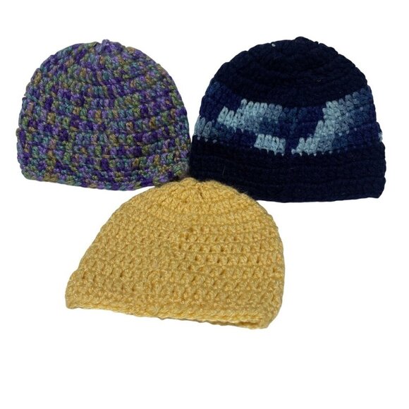 Handmade Crochet Baby Beanies Set Of 3 - Soft & Cozy - Multicolor Navy & Yellow - Picture 1 of 3